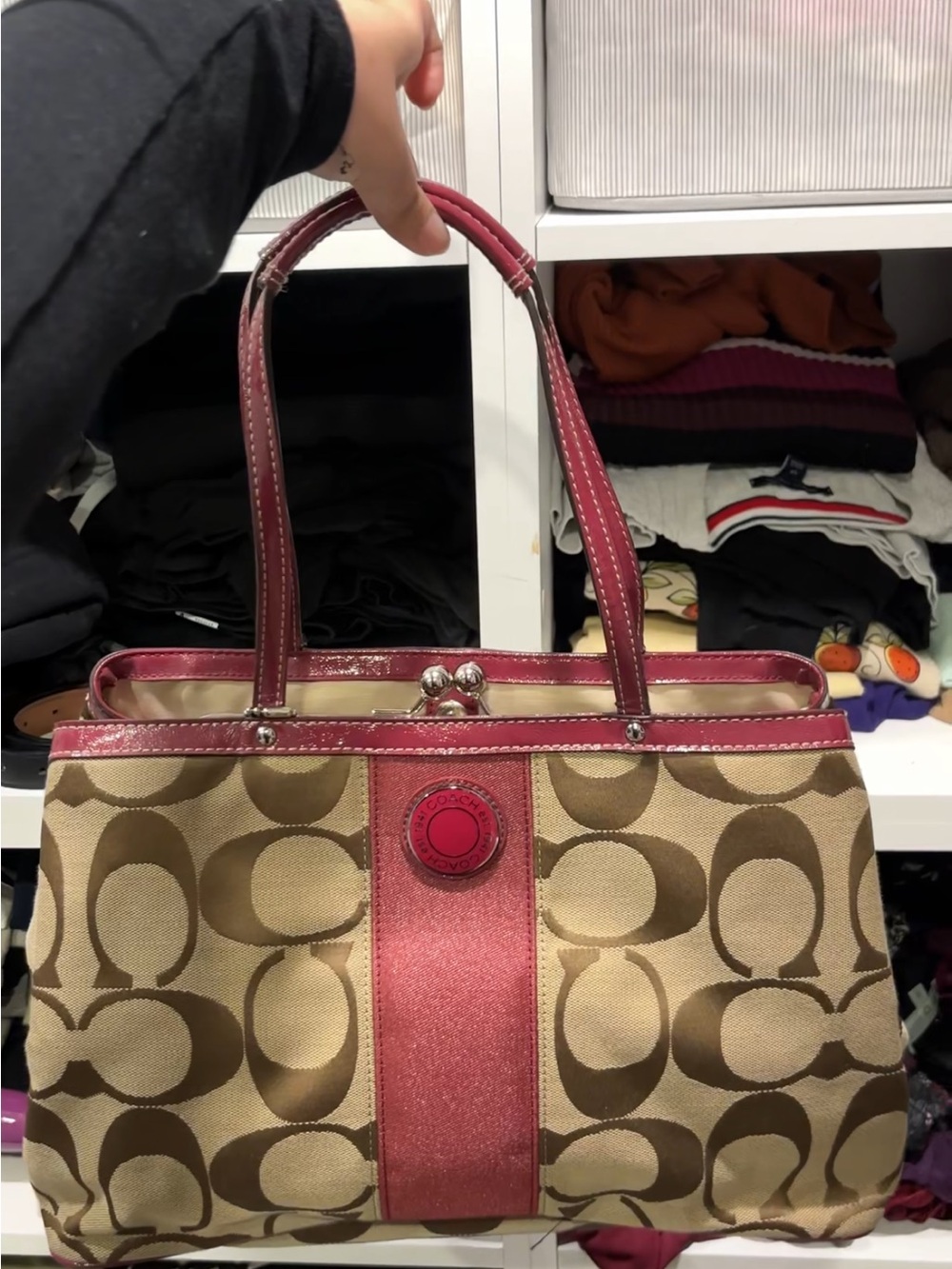 Coach Signature Stripe Framed Kisslock Carryall/Tote, style F13533.